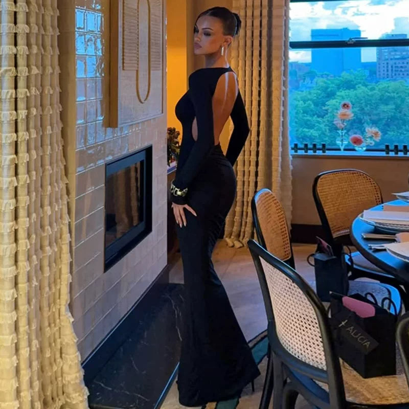 Bxucca | Hollow Slim Backless Dress for Women – Elegant Long Solid Color Evening Gown