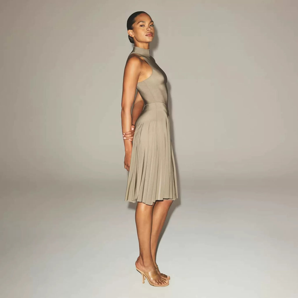 Bxucca | High-Neck Sleeveless Midi Dress for Women – Sheer Pleated Elegant Summer Outfit