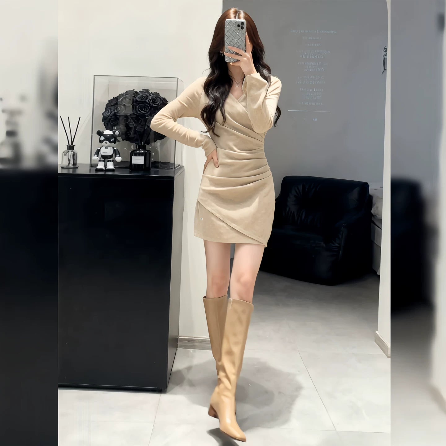 Bxucca | Women's Winter V-Neck Knitted Dress – Slim-Fit Long Sleeve Mini Dress with Defined Waistline