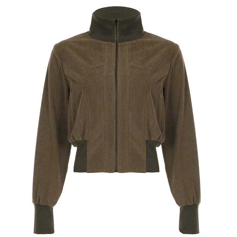 Bxucca | Contrast Corduroy Stand Collar Jacket for Women – Slim-Fit Zip-Up Outerwear