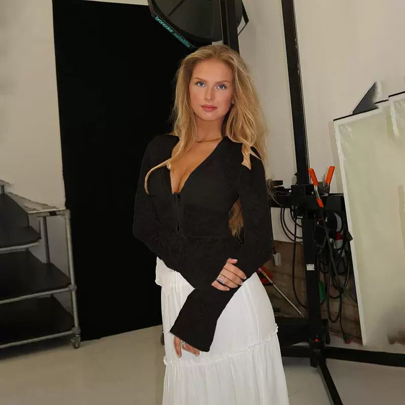 Bxucca | Ruffle Bell Sleeve Velvet Cardigan for Women – Autumn Trendy Open-Front Jacket