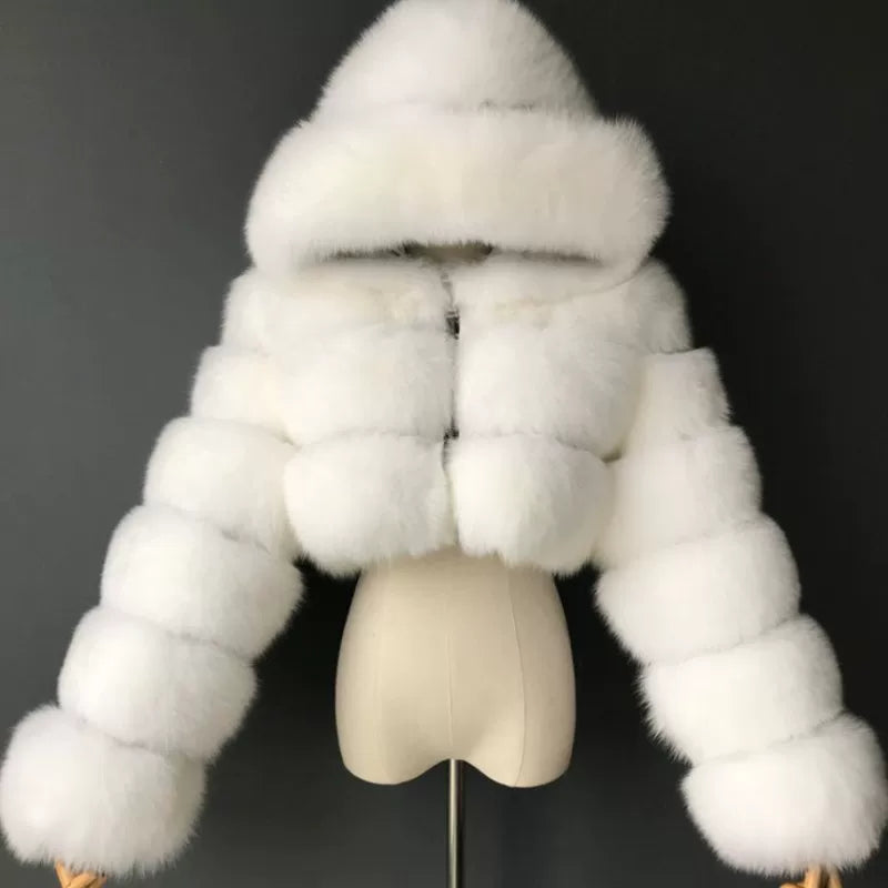 Bxucca | Y2K Faux Fur Hooded Coat for Women – Winter Zip-Up Short Jacket