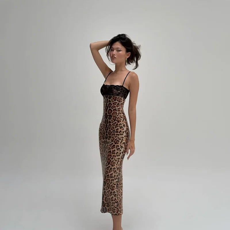 Bxucca | Leopard Print Sequined Suspender Dress for Women – Slim-Fit Lace Slit Evening Outfit