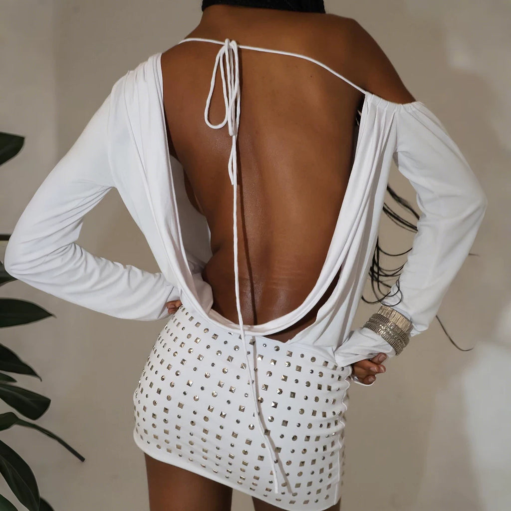 Bxucca | Chic Off-Shoulder Diagonal Neck Dress for Women – Slim-Fit Long Sleeve Evening Outfit