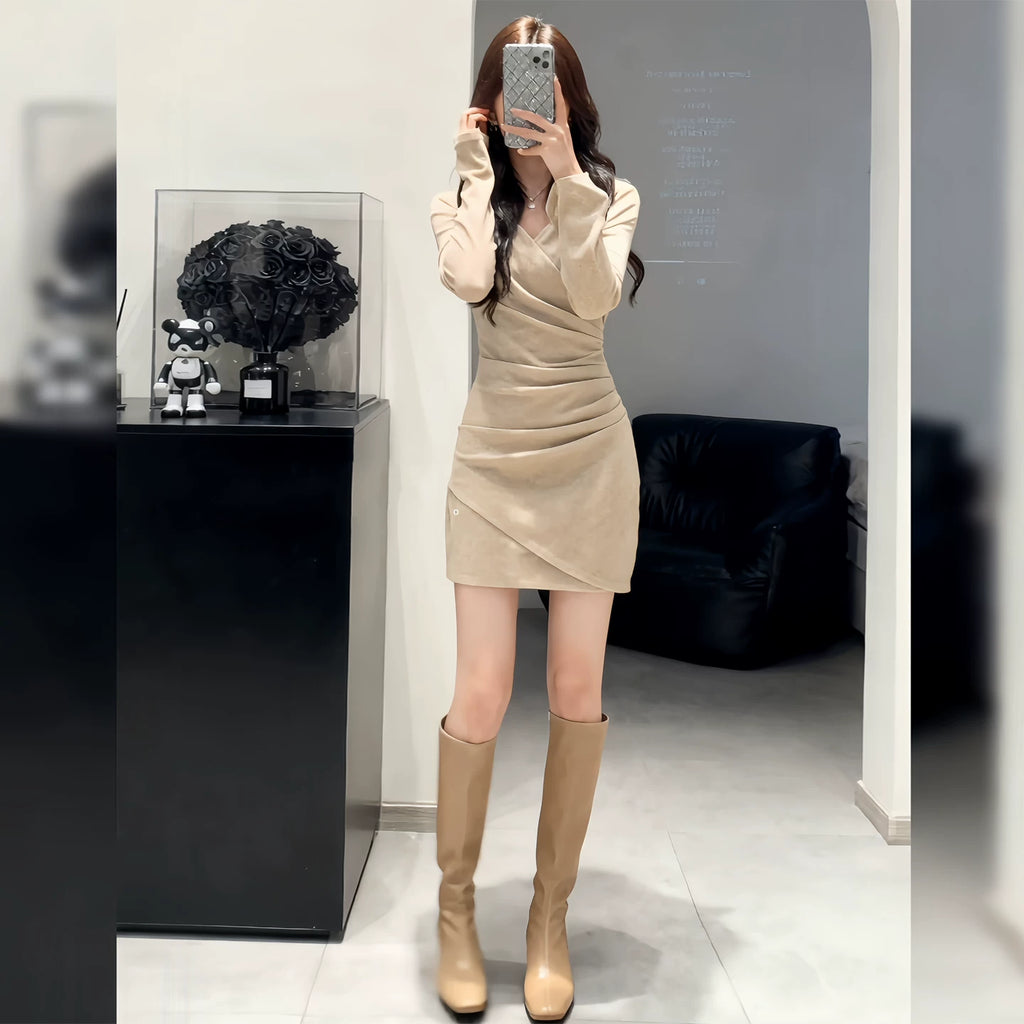 Bxucca | Women's Winter V-Neck Knitted Dress – Slim-Fit Long Sleeve Mini Dress with Defined Waistline