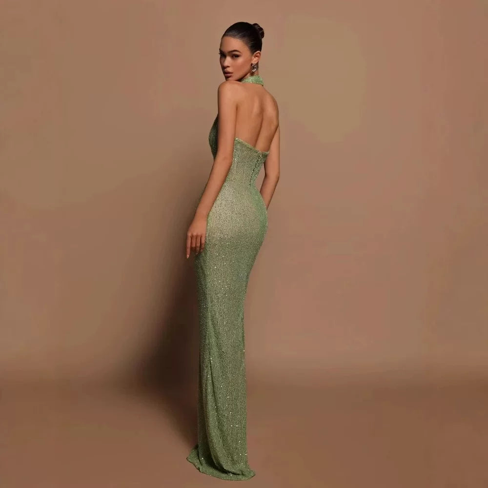 Bxucca | Sequined V-Neck Halter Dress for Women – Sexy Floor-Length Evening Gown