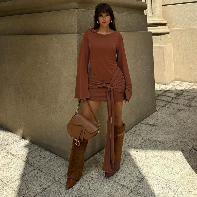 Bxucca | Round-Neck Lace-Up Long-Sleeve Dress for Women – Elegant Casual and Evening Outfit