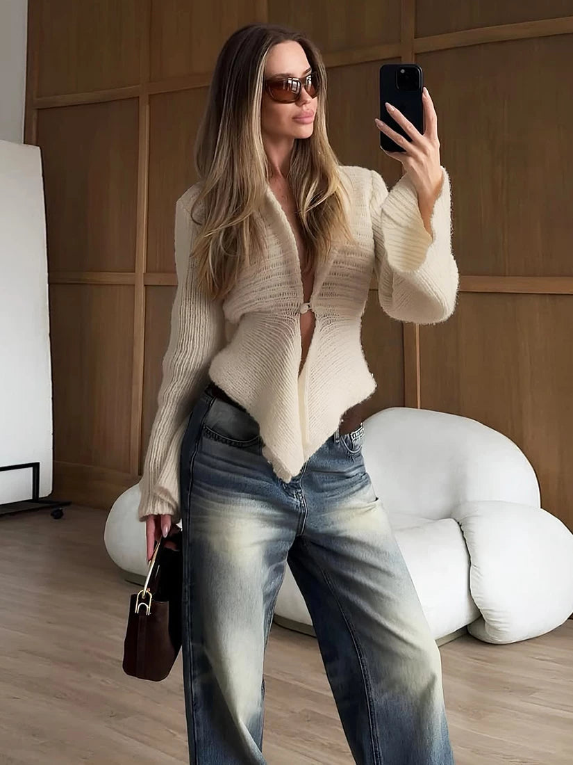 Bxucca | Pleated Button-Front Irregular Long Sleeve Jacket for Women – Autumn Trendy Outerwear