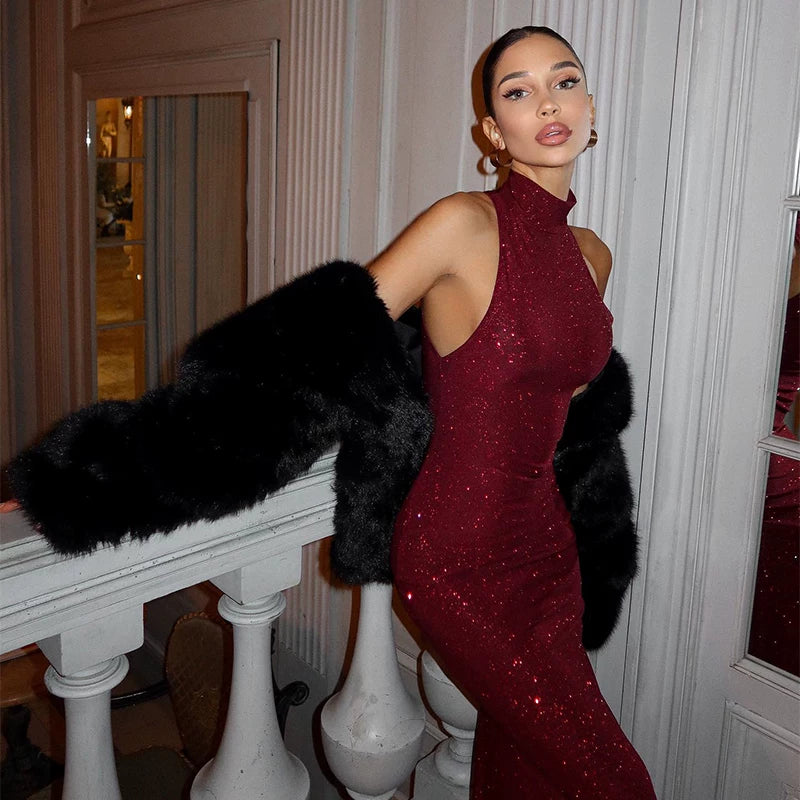 Bxucca | Glitter Sleeveless Dress for Women – Slim-Fit Long Skirt Evening Gown