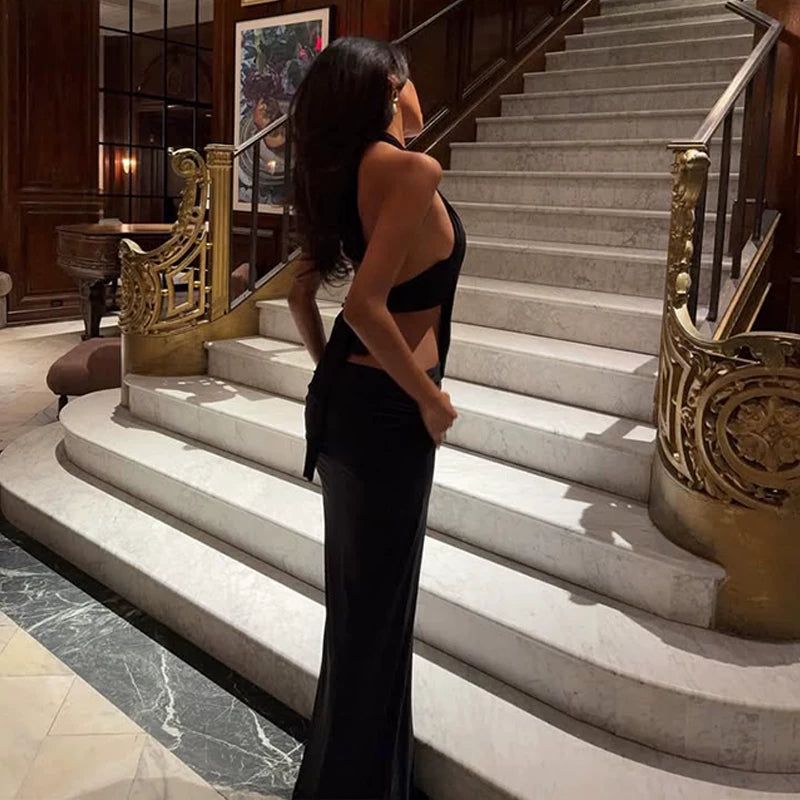 Bxucca | Deep V Halter Dress for Women – Black Backless Strappy Long Skirt Evening Gown
