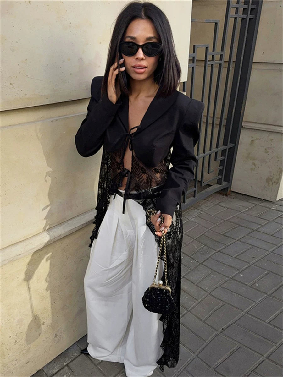 Bxucca | Lace Spliced Lace-Up Cardigan for Women – Slim-Fit Stylish Jacket Top