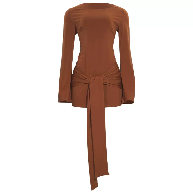 Bxucca | Round-Neck Lace-Up Long-Sleeve Dress for Women – Elegant Casual and Evening Outfit