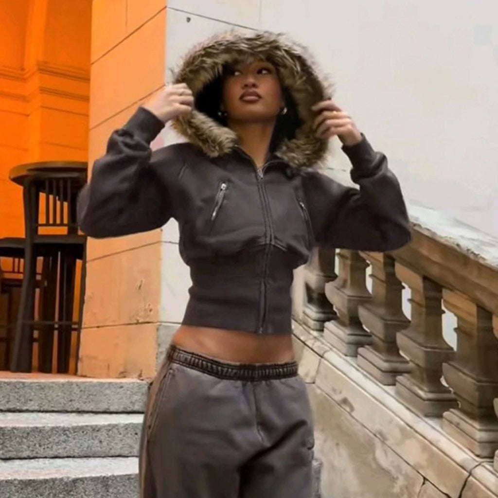 Bxucca | Hooded Long-Sleeve Zipper Sweatshirt for Women – Slim-Fit Fur Collar Cardigan Top