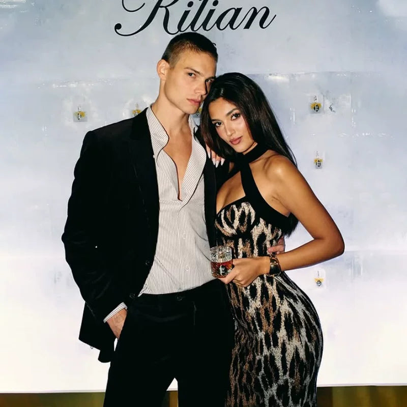 Bxucca | V-Neck Halterneck Leopard Print Dress for Women – Slim-Fit Figure-Flattering Long Skirt