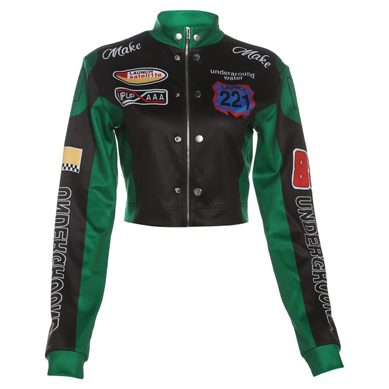 Bxucca | Motorcycle Style Letter Print Zipper Jacket for Women – Slim-Fit Short Trendy Top