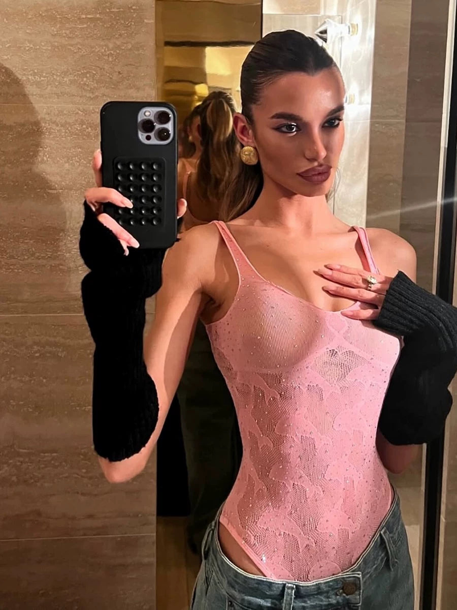 Bxucca | Rhinestone Mesh U-Neck Suspender Jumpsuit for Women – Slim-Fit One-Piece Top