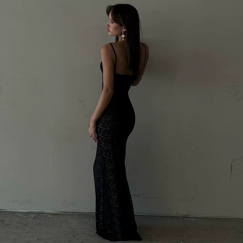 Bxucca | Deep V Lace-Trim Dress for Women – Slim-Fit Backless Long Skirt Evening Outfit