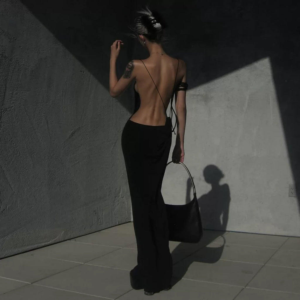Bxucca | Black Floor-Length Backless Suspender Dress for Women – Slim-Fit Elegant Evening Gown