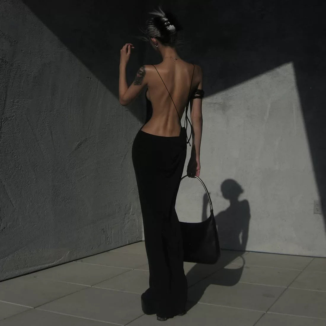 Bxucca | Black Floor-Length Backless Suspender Dress for Women – Slim-Fit Elegant Evening Gown