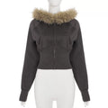 Bxucca | Hooded Long-Sleeve Zipper Sweatshirt for Women – Slim-Fit Fur Collar Cardigan Top