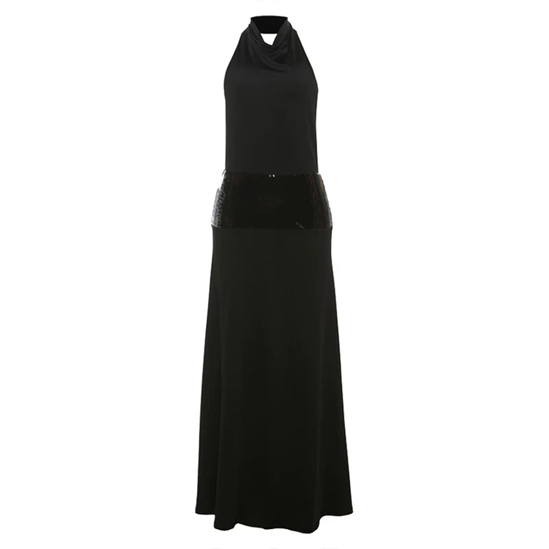 Bxucca | Black Backless Halter Sling Dress for Women – Floor-Length Hip-Covering Evening Gown