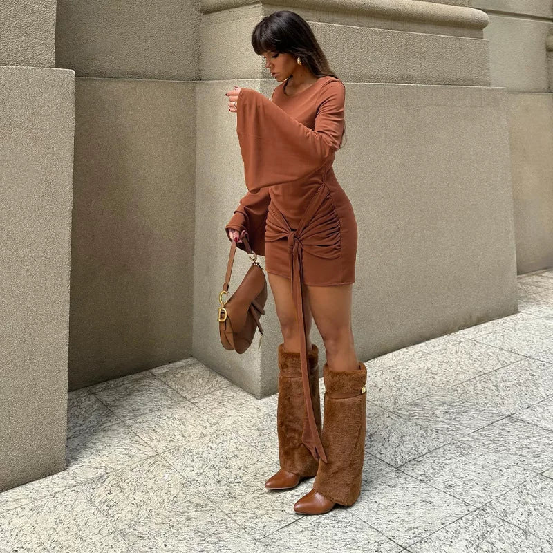 Bxucca | Round-Neck Lace-Up Long-Sleeve Dress for Women – Elegant Casual and Evening Outfit