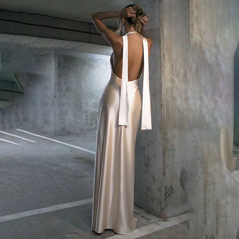 Bxucca | Deep V Halter Dress for Women – Sexy Backless High-Slit Long Skirt Evening Gown