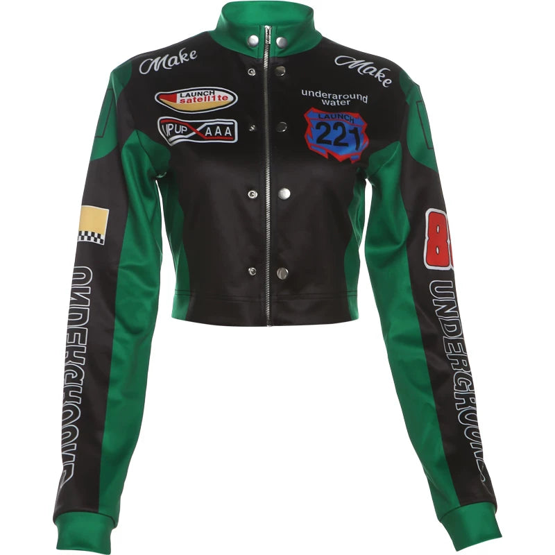 Bxucca | Motorcycle Style Letter Print Zipper Jacket for Women – Slim-Fit Short Trendy Top