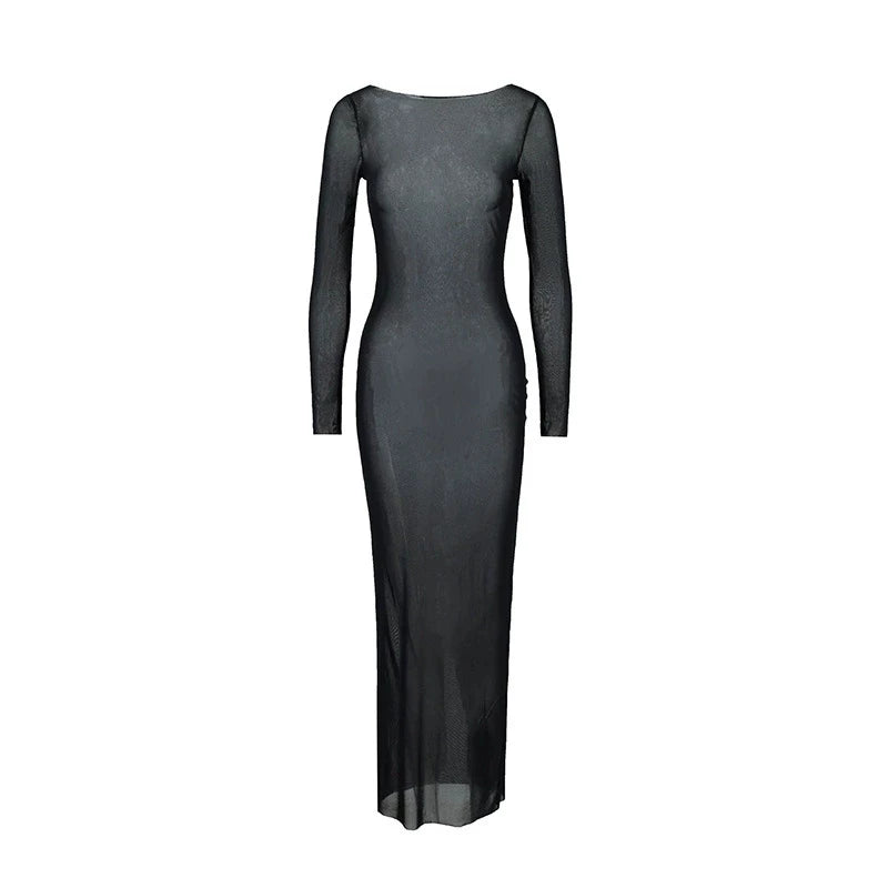 Bxucca | One-Shoulder Mesh Dress for Women – Slim-Fit See-Through Long-Sleeve Evening Gown