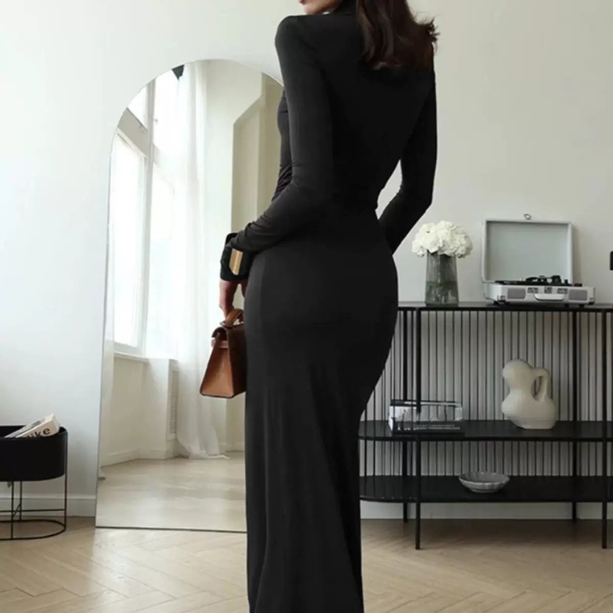 Bxucca | High-Collar Slim Dress for Women – Strap High-Slit Hip-Covering Long Skirt