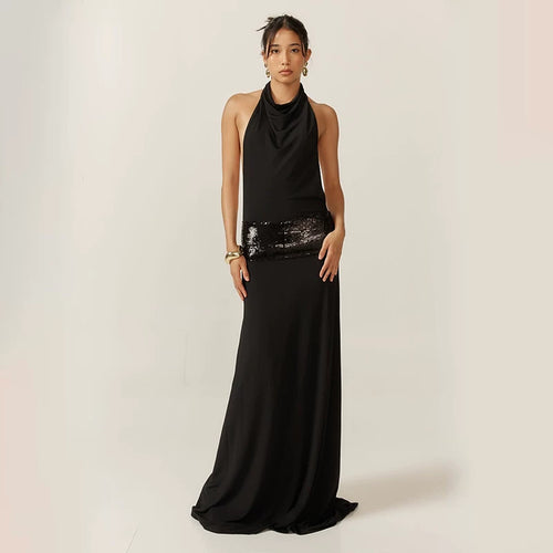 Bxucca | Black Backless Halter Sling Dress for Women – Floor-Length Hip-Covering Evening Gown